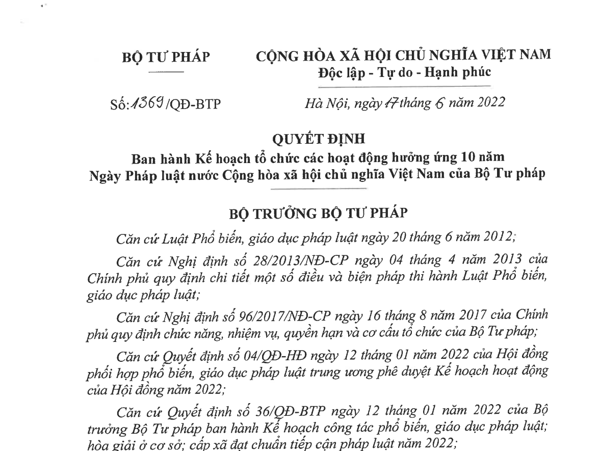 Kế hoạch tổ chức các hoạt động hưởng ứng 10 năm Ngày Pháp luật nước CHXHCN Việt Nam