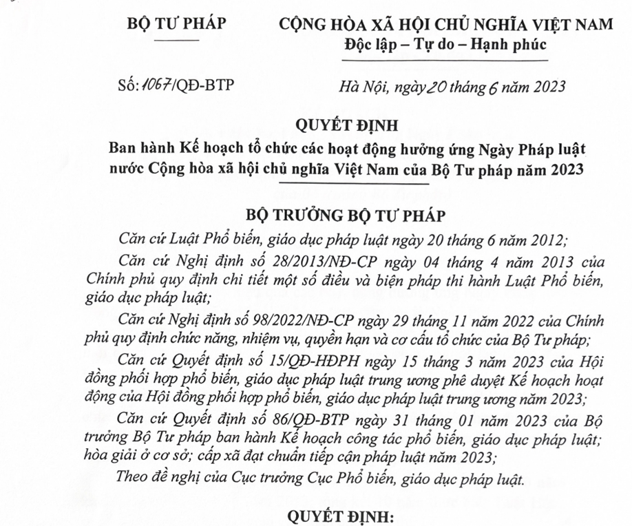 Bộ Tư pháp ban hành Kế hoạch tổ chức các hoạt động hưởng ứng  Ngày Pháp luật Việt Nam năm 2023